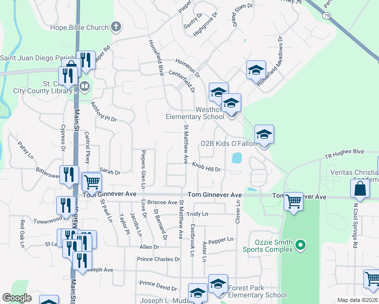 map of restaurants, bars, coffee shops, grocery stores, and more near 1122 Saint Matthew Avenue in O'Fallon