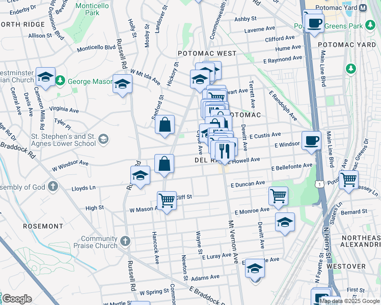 map of restaurants, bars, coffee shops, grocery stores, and more near 16 East Windsor Avenue in Alexandria