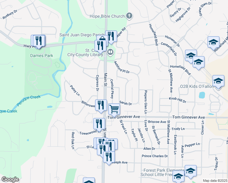 map of restaurants, bars, coffee shops, grocery stores, and more near 1128 Central Parkway in O'Fallon