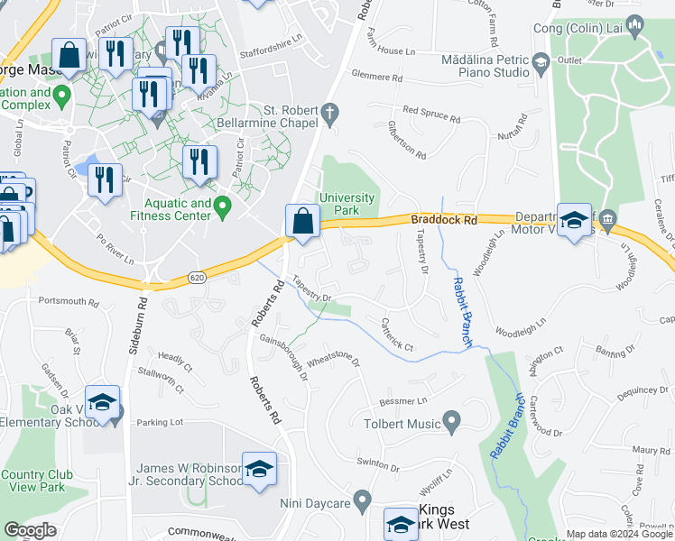 map of restaurants, bars, coffee shops, grocery stores, and more near 4695 Forestdale Drive in Fairfax