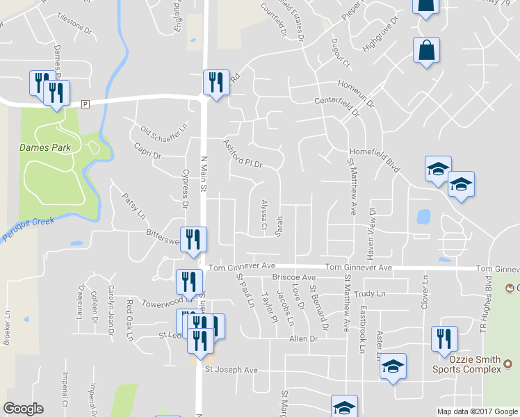 map of restaurants, bars, coffee shops, grocery stores, and more near 1139 Alyssa Court in O'Fallon
