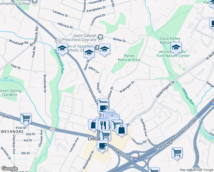 map of restaurants, bars, coffee shops, grocery stores, and more near 4513 Rynex Drive in Alexandria