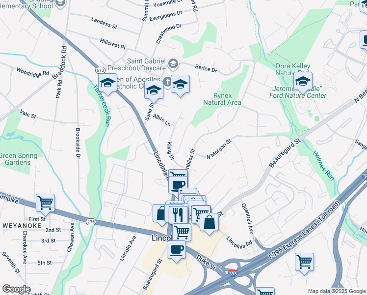 map of restaurants, bars, coffee shops, grocery stores, and more near 4513 Rynex Drive in Alexandria