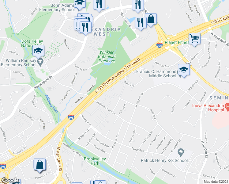 map of restaurants, bars, coffee shops, grocery stores, and more near 1181 North Van Dorn Street in Alexandria