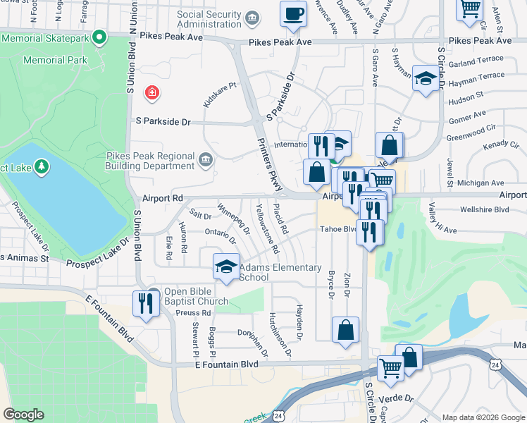 map of restaurants, bars, coffee shops, grocery stores, and more near 415 Yellowstone Road in Colorado Springs