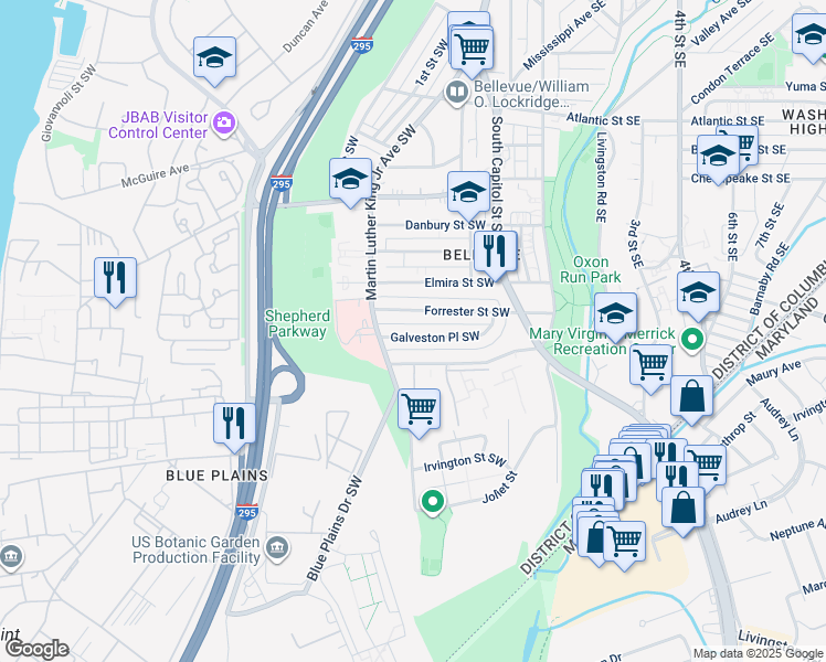 map of restaurants, bars, coffee shops, grocery stores, and more near 121 Galveston Place Southwest in Washington