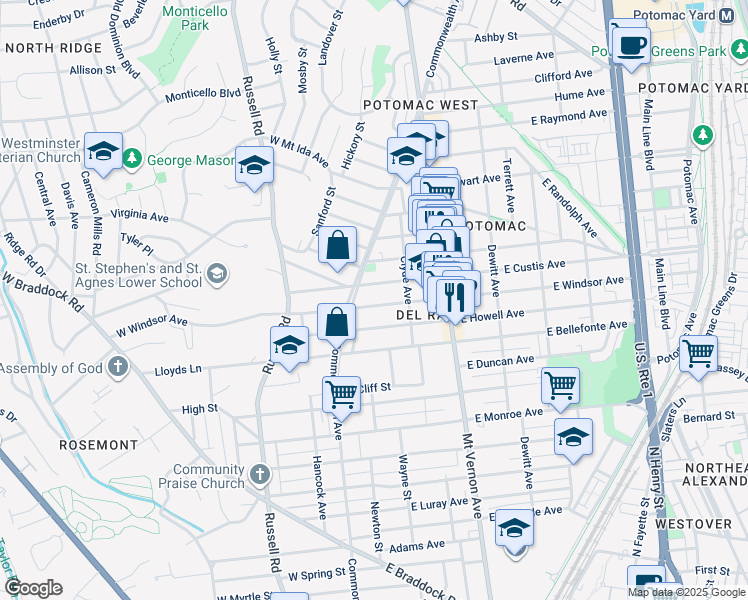 map of restaurants, bars, coffee shops, grocery stores, and more near 10 East Windsor Avenue in Alexandria