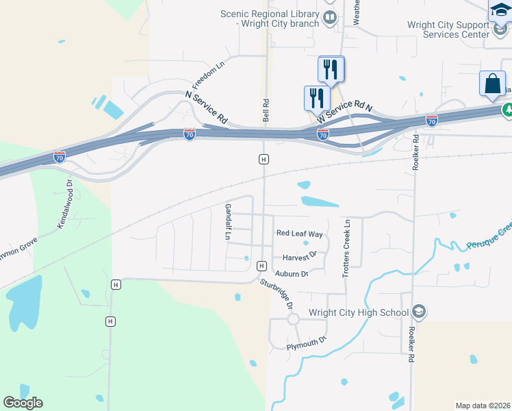 map of restaurants, bars, coffee shops, grocery stores, and more near 104 Bombadill Boulevard in Wright City