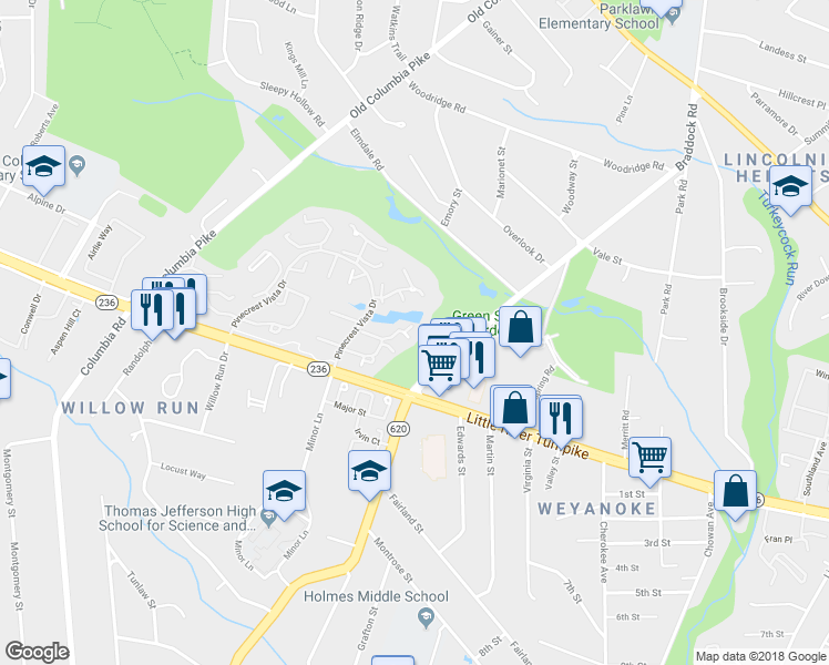 map of restaurants, bars, coffee shops, grocery stores, and more near 6507 River Tweed Lane in Alexandria