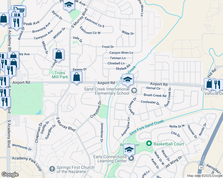 map of restaurants, bars, coffee shops, grocery stores, and more near 4981 Copper Springs View in Colorado Springs