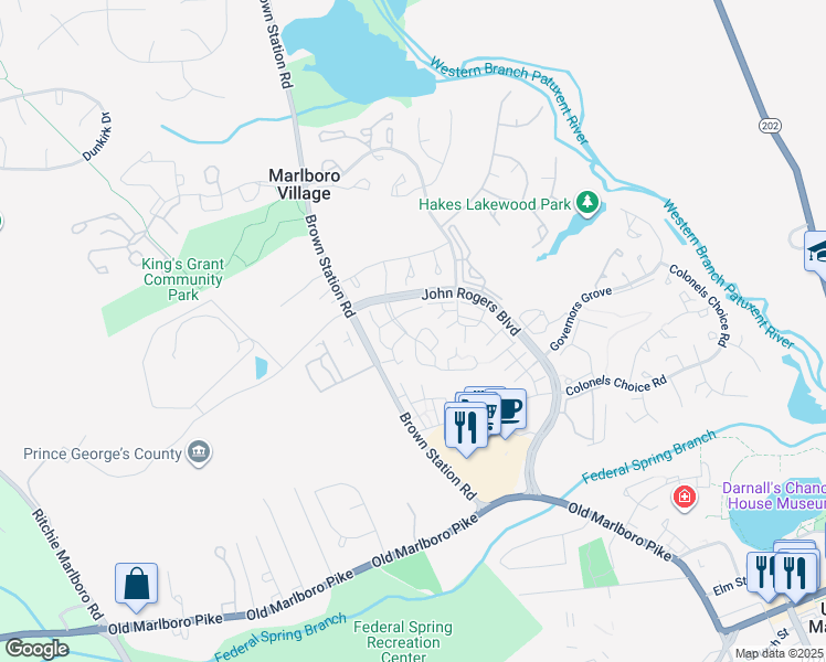 map of restaurants, bars, coffee shops, grocery stores, and more near 13900 King George Way in Upper Marlboro