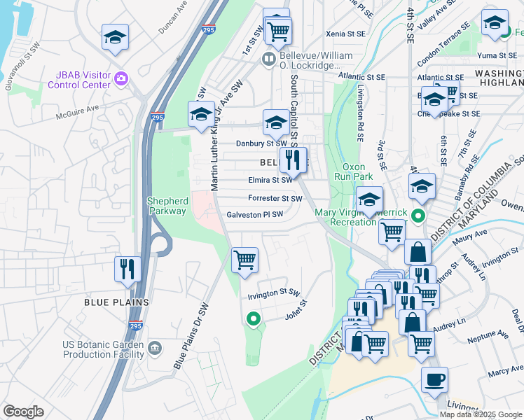map of restaurants, bars, coffee shops, grocery stores, and more near 51 Galveston Place Southwest in Washington