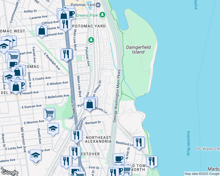 map of restaurants, bars, coffee shops, grocery stores, and more near 1722 West Abingdon Drive in Alexandria