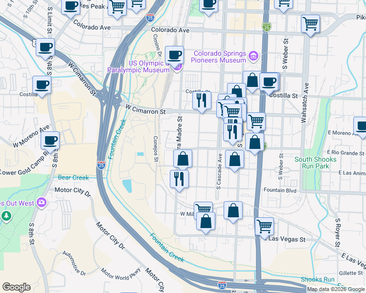 map of restaurants, bars, coffee shops, grocery stores, and more near 621 South Sierra Madre Street in Colorado Springs
