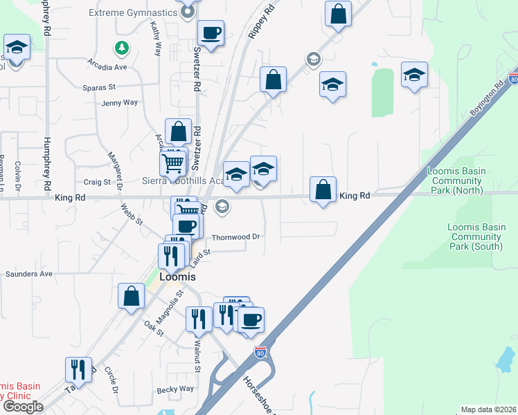 map of restaurants, bars, coffee shops, grocery stores, and more near 3512 Sun Knoll Drive in Loomis