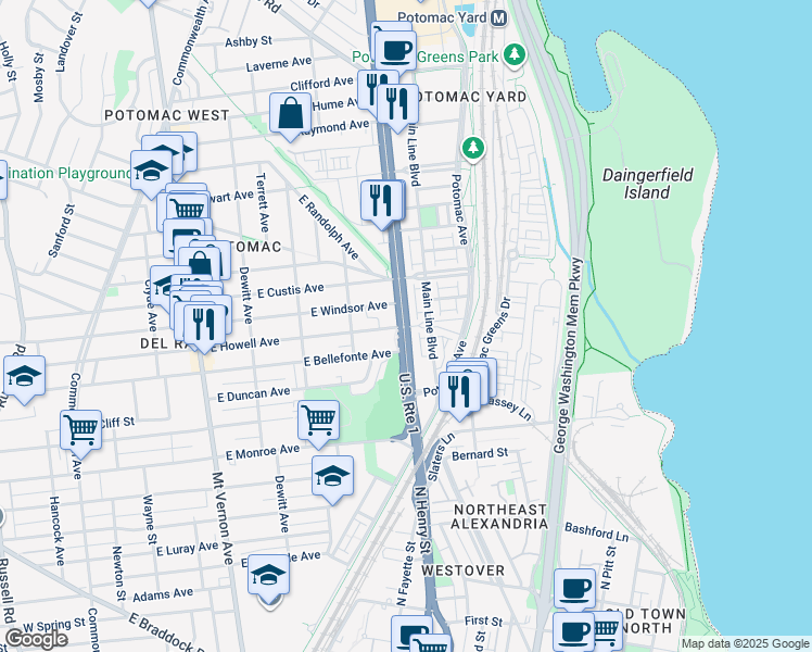 map of restaurants, bars, coffee shops, grocery stores, and more near 2103 Jefferson Davis Highway in Alexandria