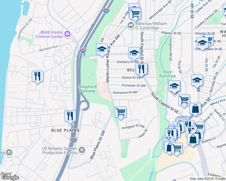 map of restaurants, bars, coffee shops, grocery stores, and more near 145 Galveston Place Southwest in Washington