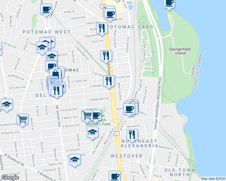 map of restaurants, bars, coffee shops, grocery stores, and more near 2103 Jefferson Davis Highway in Alexandria