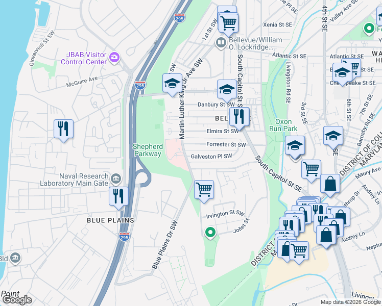 map of restaurants, bars, coffee shops, grocery stores, and more near 145 Galveston Place Southwest in Washington