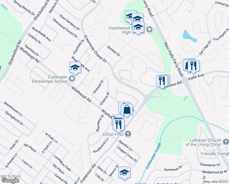 map of restaurants, bars, coffee shops, grocery stores, and more near 3037 Luxury Drive in Florissant