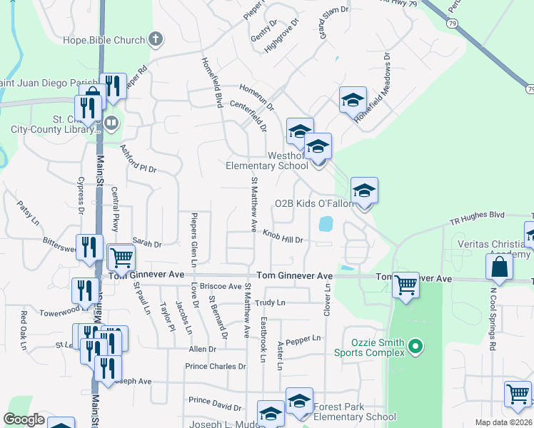 map of restaurants, bars, coffee shops, grocery stores, and more near 1122 Saint Matthew Avenue in O'Fallon