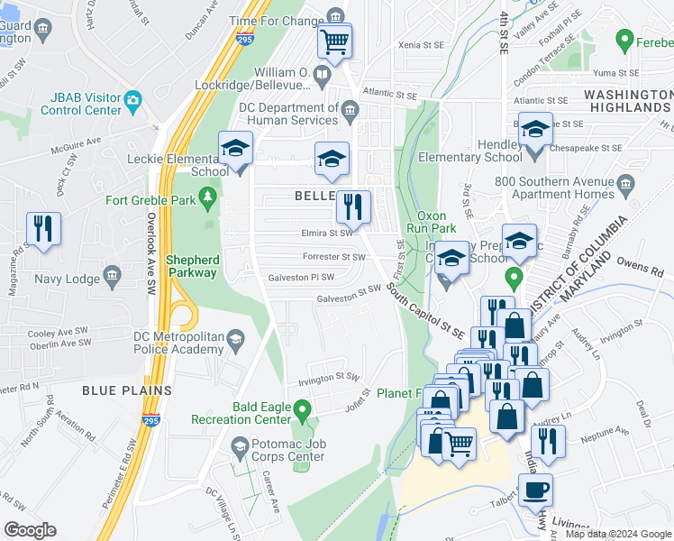 map of restaurants, bars, coffee shops, grocery stores, and more near 19 Galveston Place Southwest in Washington