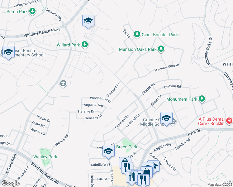 map of restaurants, bars, coffee shops, grocery stores, and more near 5130 Windham Way in Rocklin