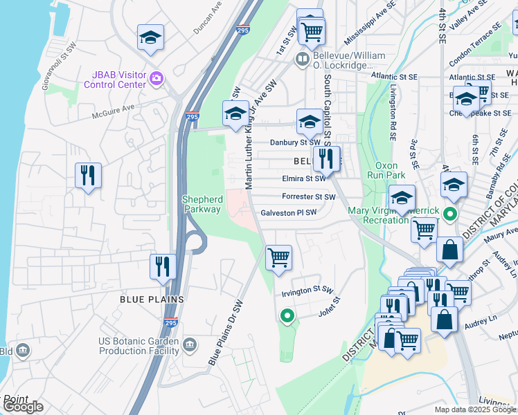 map of restaurants, bars, coffee shops, grocery stores, and more near 149 Galveston Place Southwest in Washington