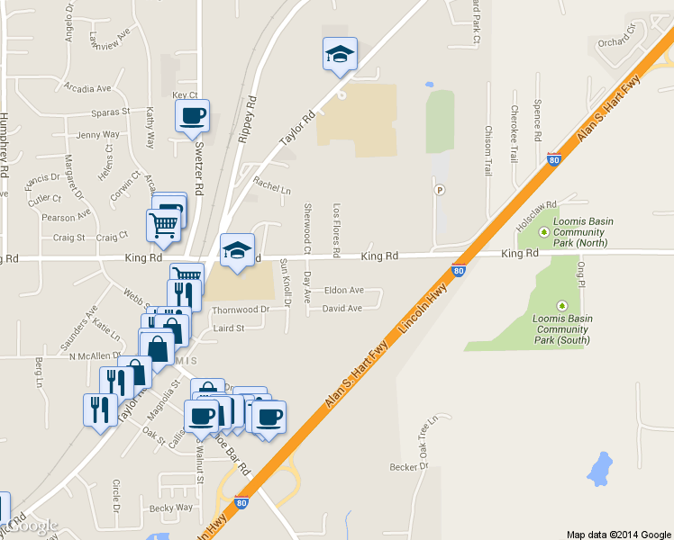 map of restaurants, bars, coffee shops, grocery stores, and more near 6338 King Road in Loomis
