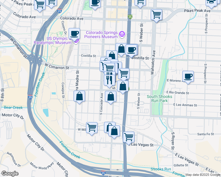 map of restaurants, bars, coffee shops, grocery stores, and more near 26 East Rio Grande Street in Colorado Springs