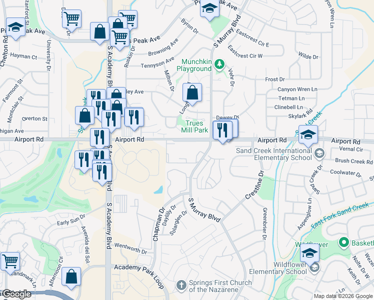map of restaurants, bars, coffee shops, grocery stores, and more near 4104 Apollo Village Circle in Colorado Springs