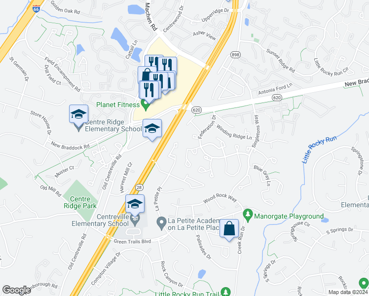 map of restaurants, bars, coffee shops, grocery stores, and more near 14126 Red River Drive in Centreville