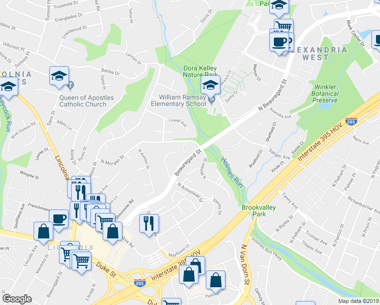 map of restaurants, bars, coffee shops, grocery stores, and more near 6042 Morgan Court in Alexandria