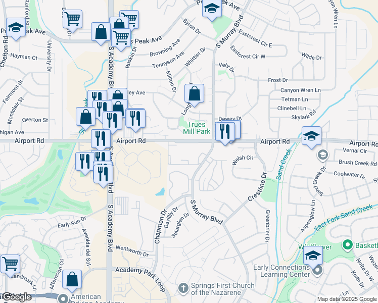 map of restaurants, bars, coffee shops, grocery stores, and more near 4104 Apollo Village Circle in Colorado Springs