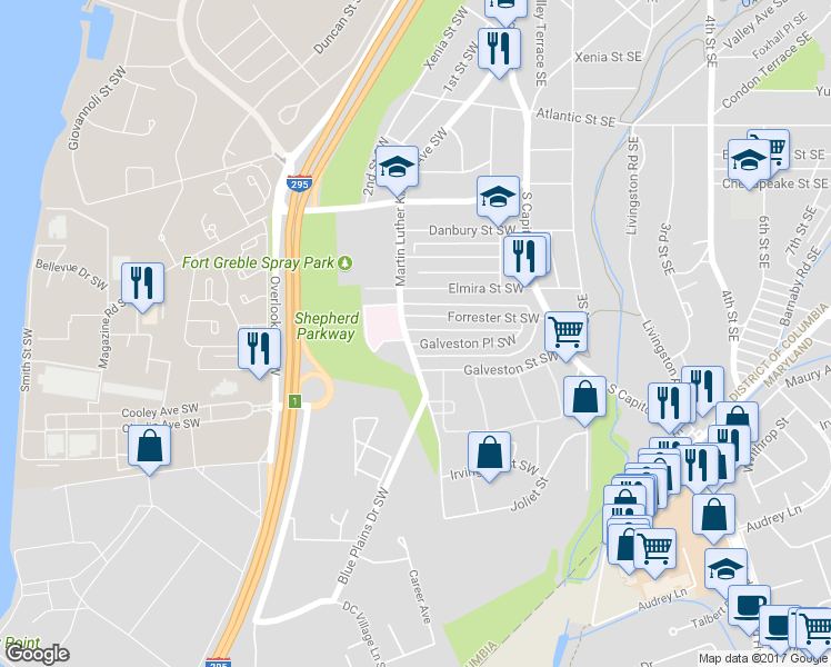 map of restaurants, bars, coffee shops, grocery stores, and more near 149 Galveston Place Southwest in Washington
