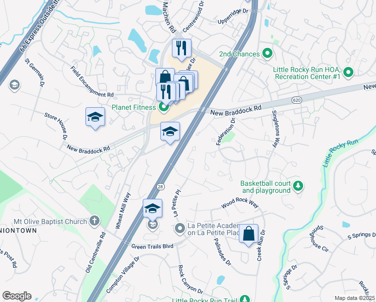 map of restaurants, bars, coffee shops, grocery stores, and more near 6352 Saint Timothys Lane in Centreville