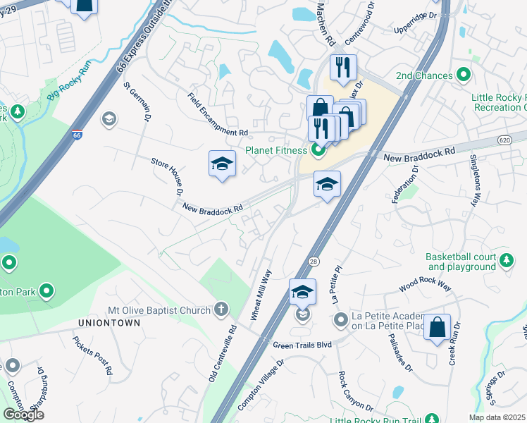 map of restaurants, bars, coffee shops, grocery stores, and more near 6307 Powder Flask Court in Centreville