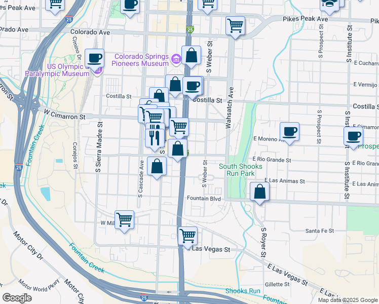 map of restaurants, bars, coffee shops, grocery stores, and more near 617 South Nevada Avenue in Colorado Springs