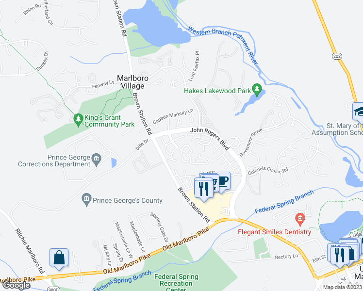 map of restaurants, bars, coffee shops, grocery stores, and more near 13900 King George Way in Upper Marlboro