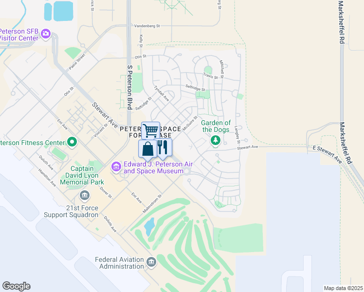 map of restaurants, bars, coffee shops, grocery stores, and more near 1091 Stewart Avenue in Colorado Springs