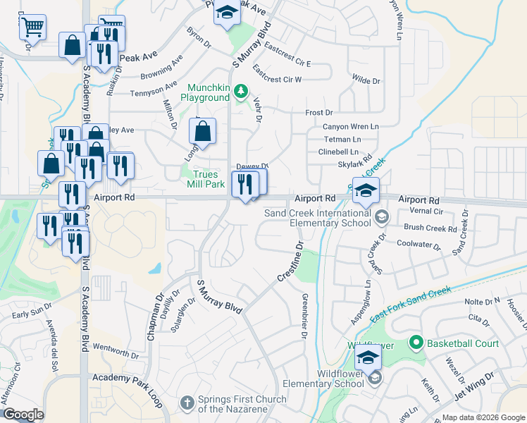 map of restaurants, bars, coffee shops, grocery stores, and more near 550 Welsh Circle in Colorado Springs