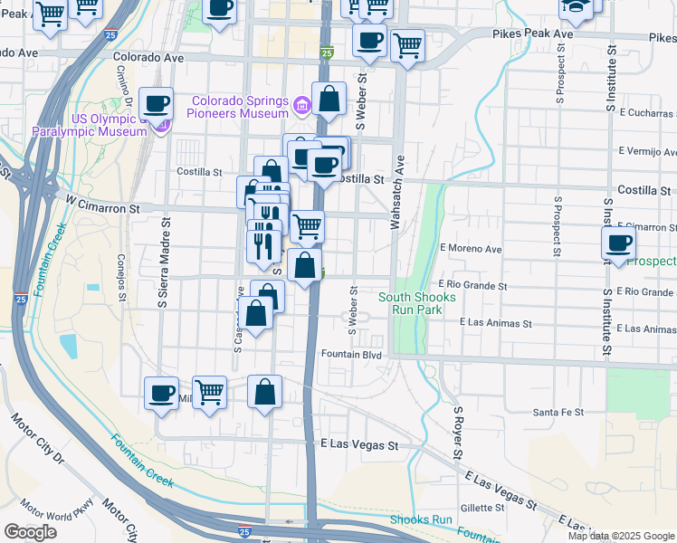 map of restaurants, bars, coffee shops, grocery stores, and more near 617 South Nevada Avenue in Colorado Springs
