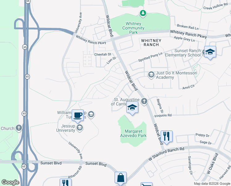 map of restaurants, bars, coffee shops, grocery stores, and more near 1201 Albany Way in Rocklin