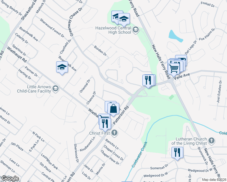 map of restaurants, bars, coffee shops, grocery stores, and more near 743 Mediterranean Drive in Florissant