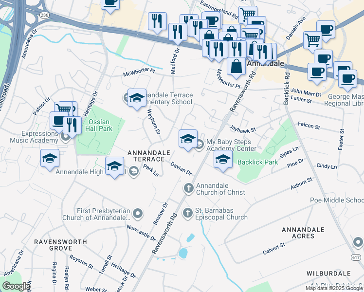 map of restaurants, bars, coffee shops, grocery stores, and more near 4606 Ravensworth Road in Annandale