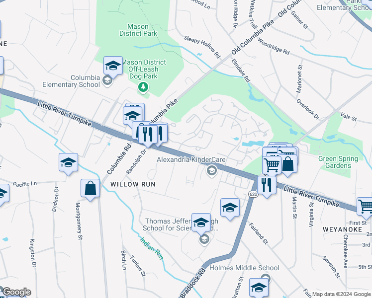 map of restaurants, bars, coffee shops, grocery stores, and more near 6649 Medinah Lane in Alexandria