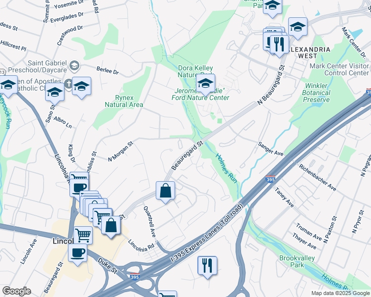 map of restaurants, bars, coffee shops, grocery stores, and more near 6042 Morgan Court in Alexandria