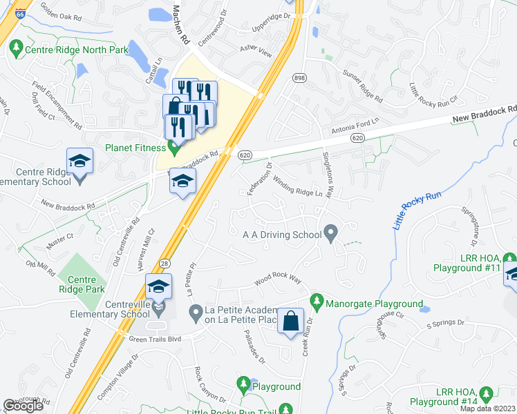 map of restaurants, bars, coffee shops, grocery stores, and more near 14093 Red River Drive in Centreville
