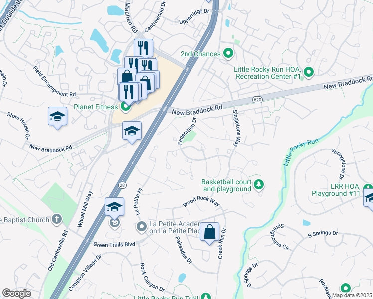 map of restaurants, bars, coffee shops, grocery stores, and more near 14093 Red River Drive in Centreville