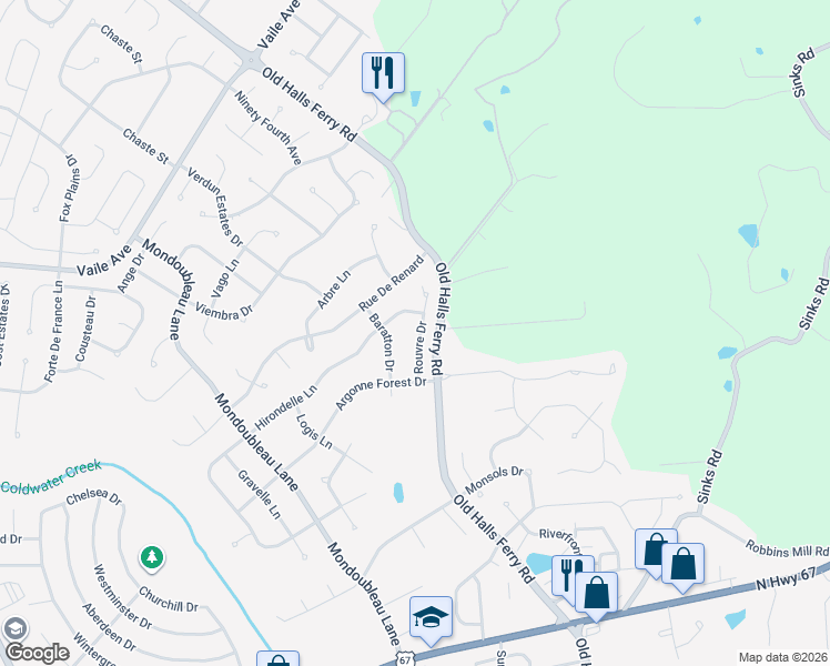 map of restaurants, bars, coffee shops, grocery stores, and more near 14652 Rouvre Drive in Florissant